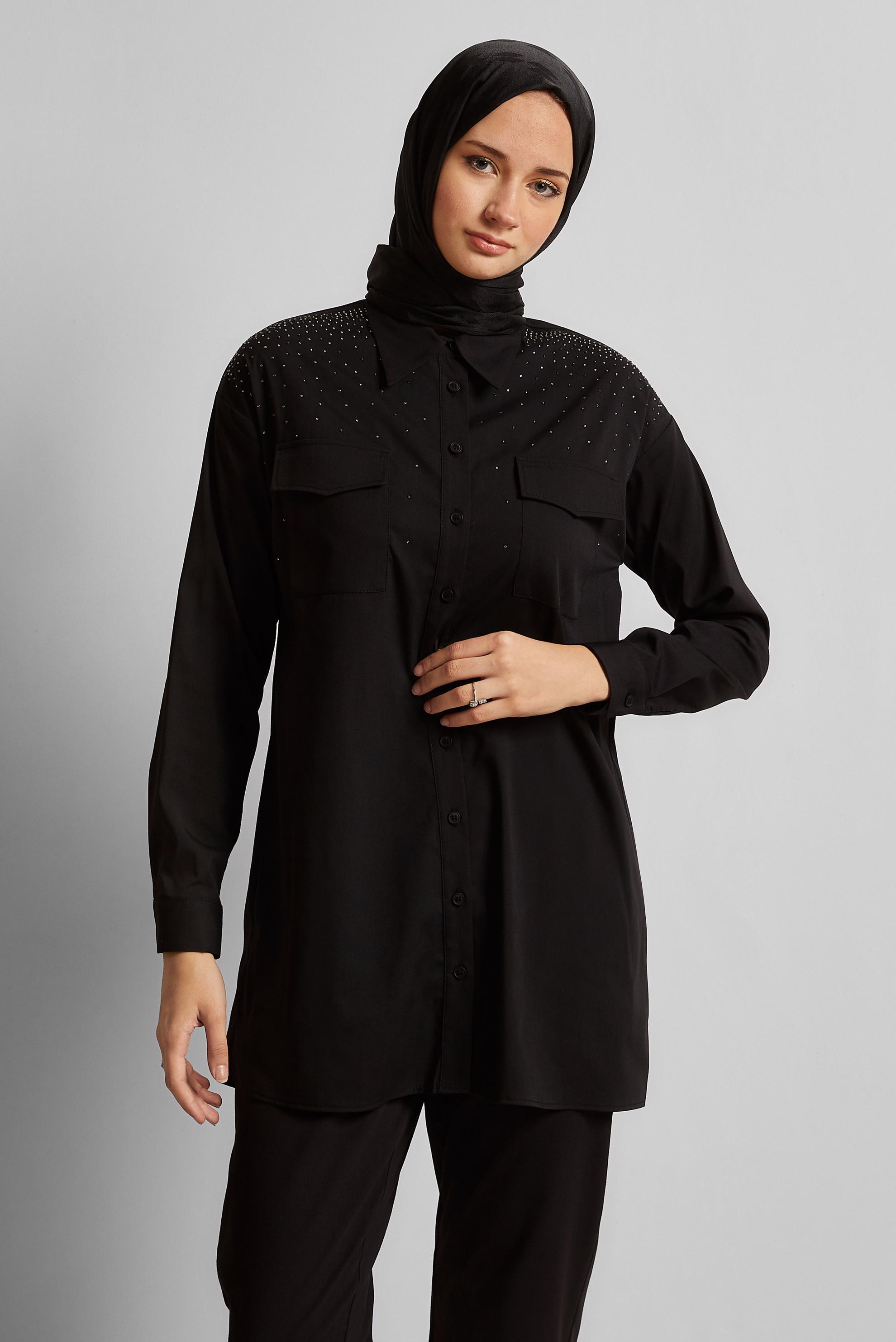 Tesettür giyim SİYAH PAMUKLU TAŞLI TUNİK 45738