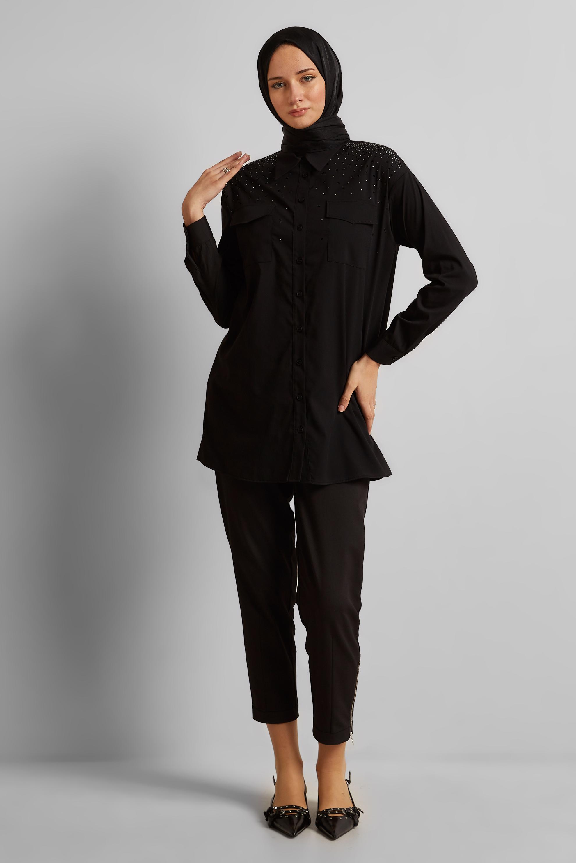 Tesettür giyim SİYAH PAMUKLU TAŞLI TUNİK 45738