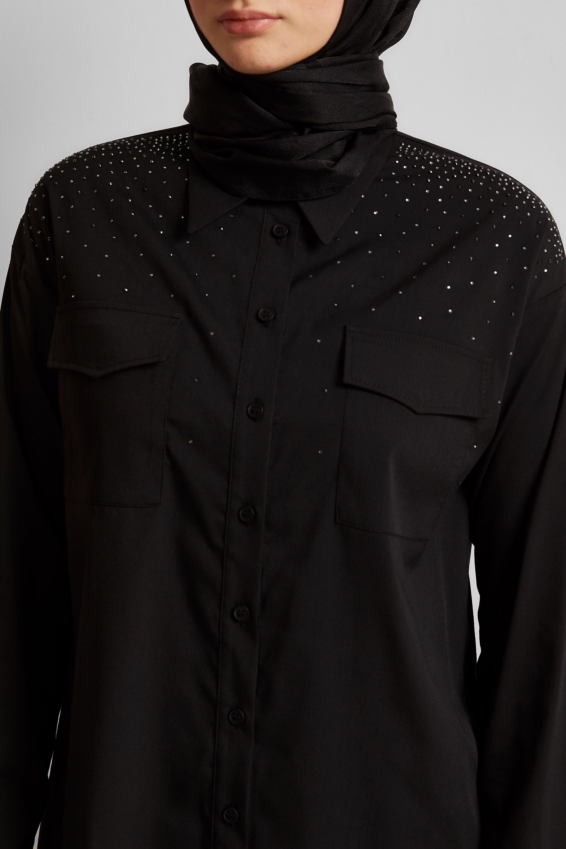 Tesettür giyim SİYAH PAMUKLU TAŞLI TUNİK 45738