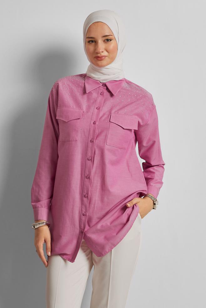Hijab-Kleidung FUCHSIE BAUMWOLLTUNIKA MIT SCHMUCKSTEIN 45738 - ALVİNA
