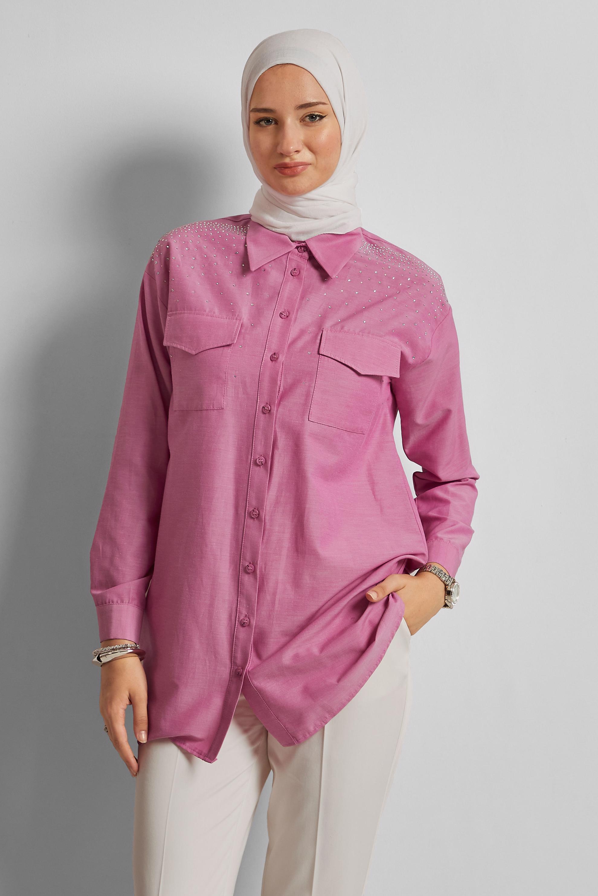 Tesettür giyim FUŞYA PAMUKLU TAŞLI TUNİK 45738