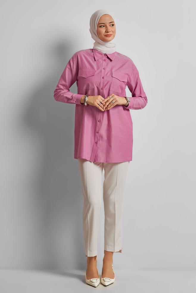 Hijab-Kleidung FUCHSIE BAUMWOLLTUNIKA MIT SCHMUCKSTEIN 45738 - ALVİNA
