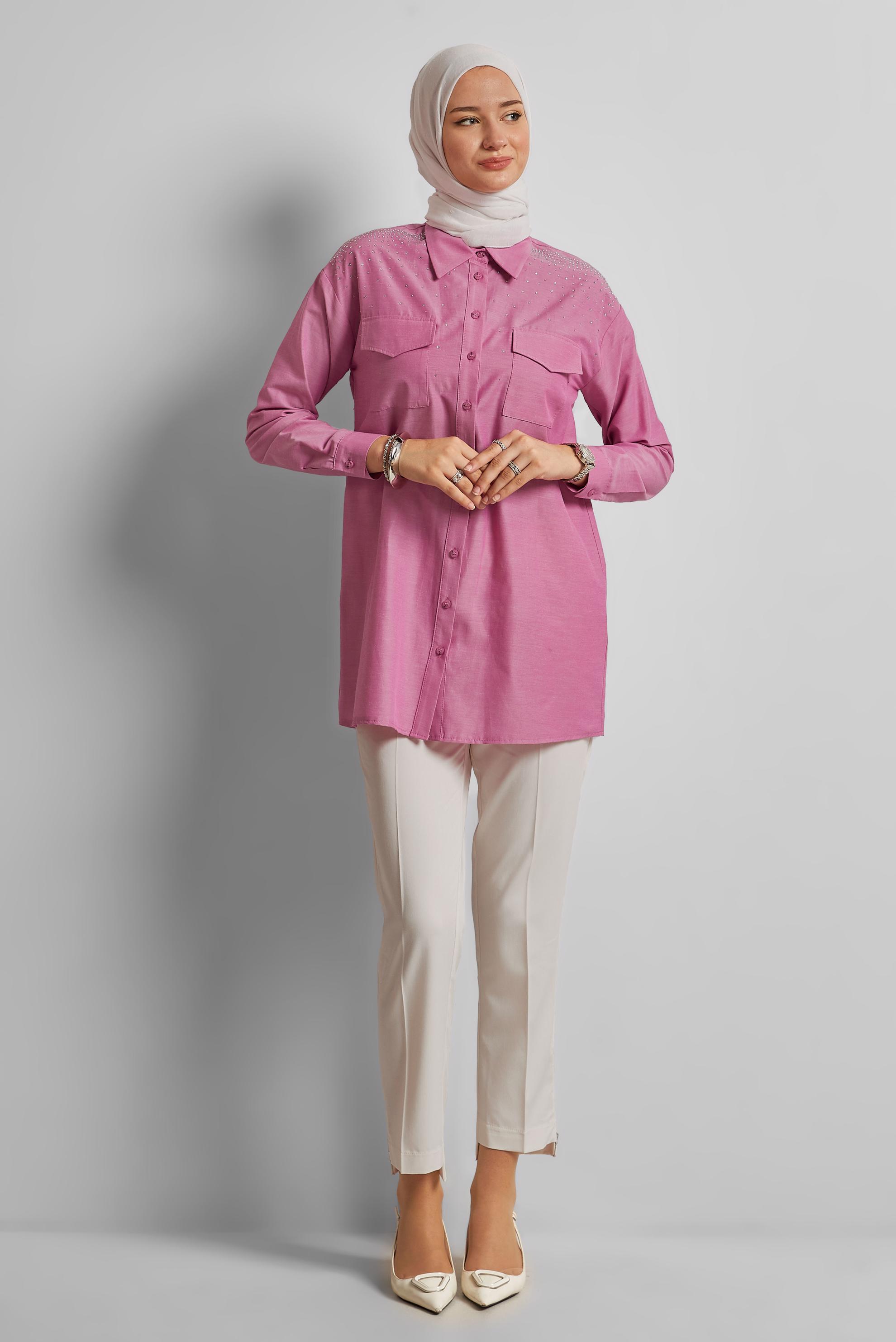 Tesettür giyim FUŞYA PAMUKLU TAŞLI TUNİK 45738
