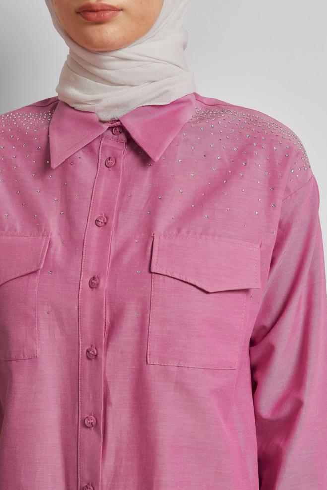 Hijab-Kleidung FUCHSIE BAUMWOLLTUNIKA MIT SCHMUCKSTEIN 45738 - ALVİNA
