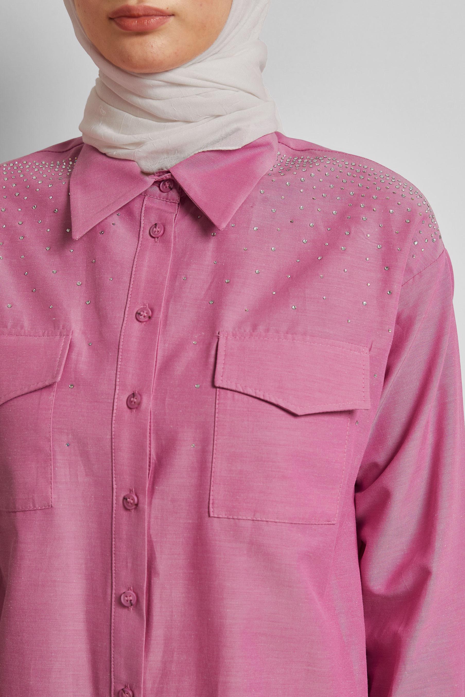 Tesettür giyim FUŞYA PAMUKLU TAŞLI TUNİK 45738