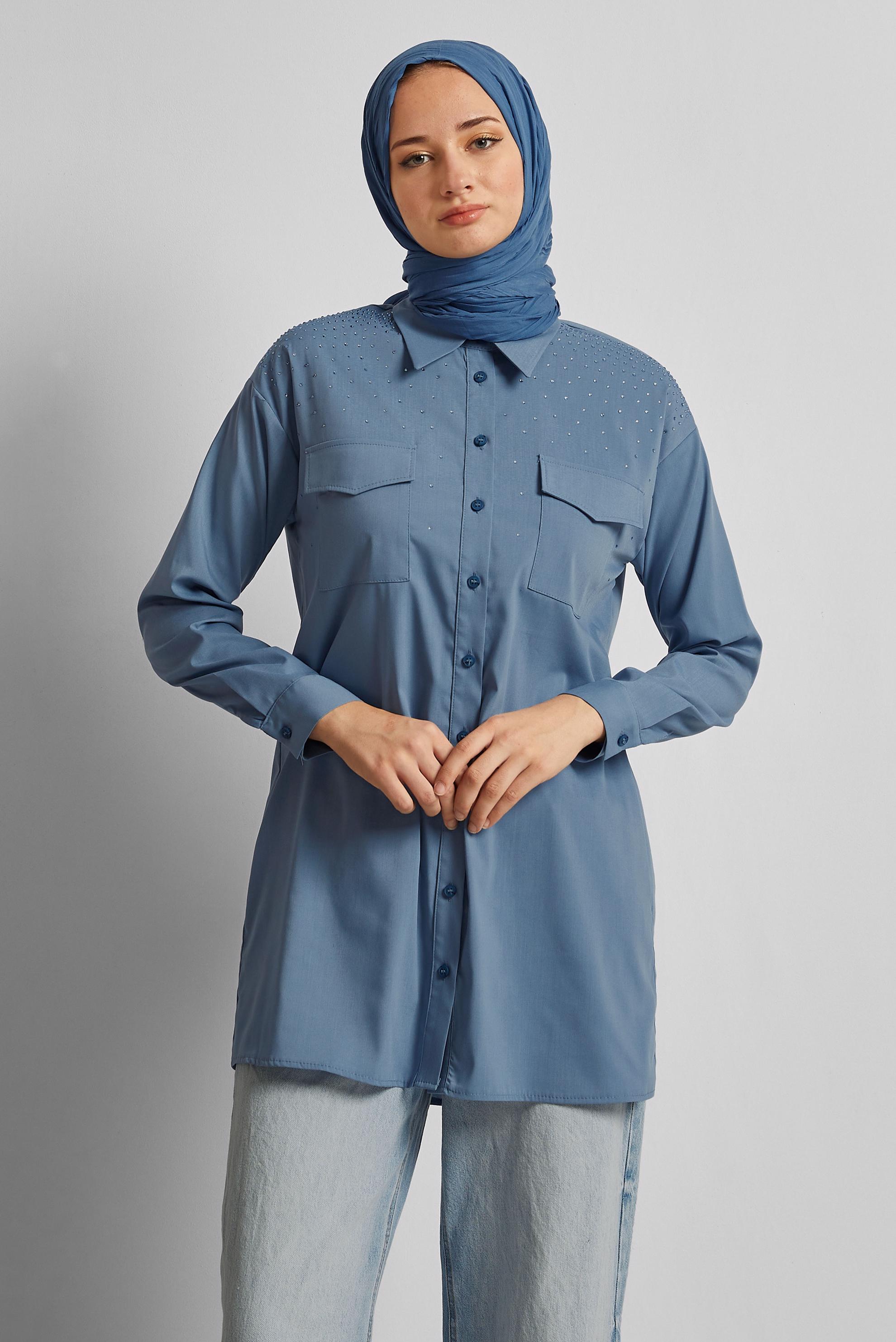 Tesettür giyim LACİVERT PAMUKLU TAŞLI TUNİK 45738