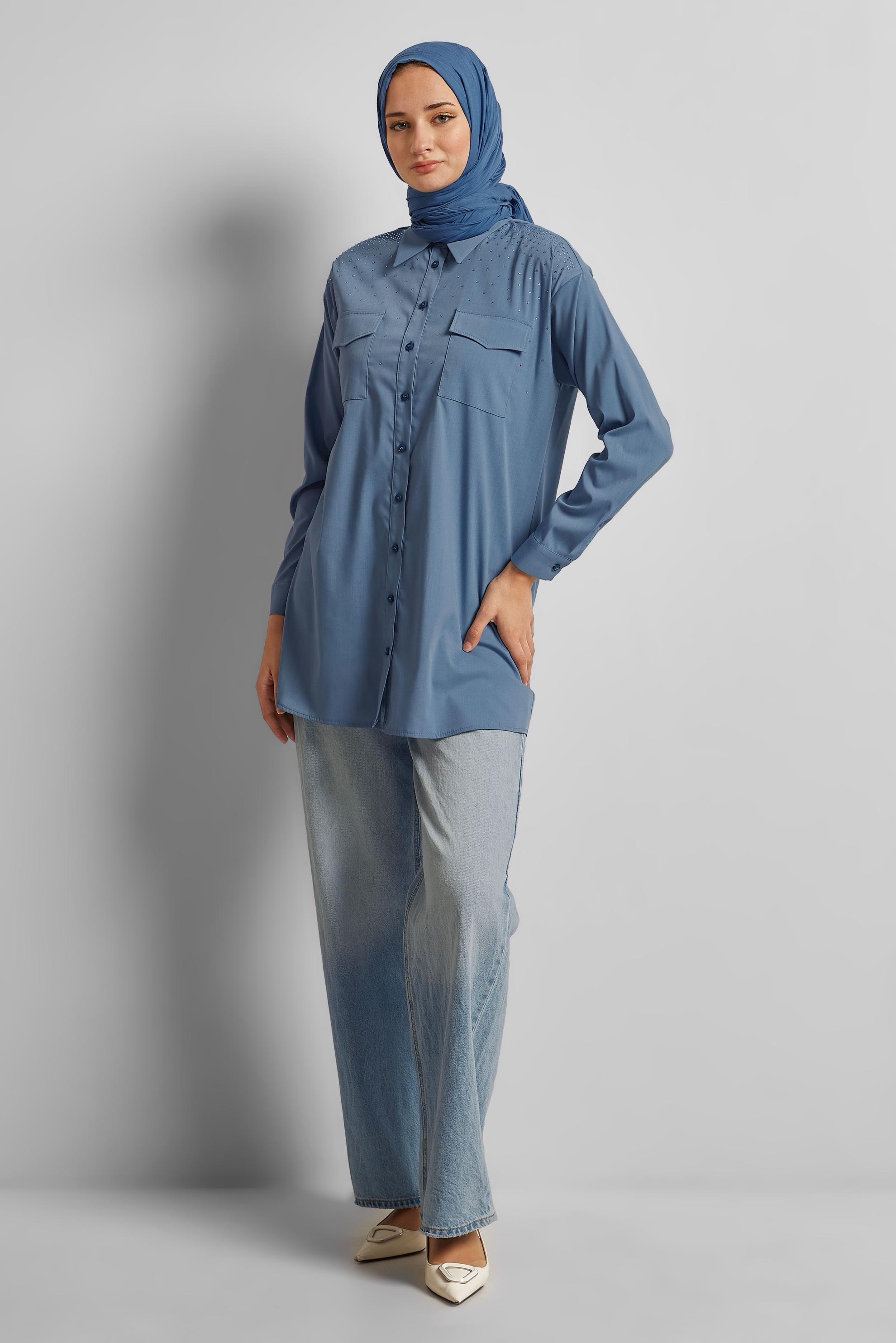 Tesettür giyim LACİVERT PAMUKLU TAŞLI TUNİK 45738