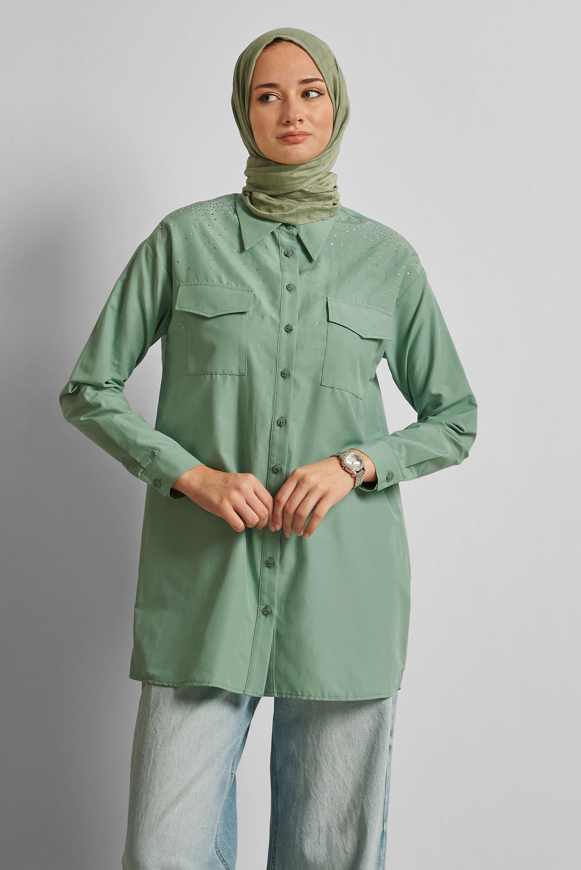 Tesettür giyim MAVİ PAMUKLU TAŞLI TUNİK 45738