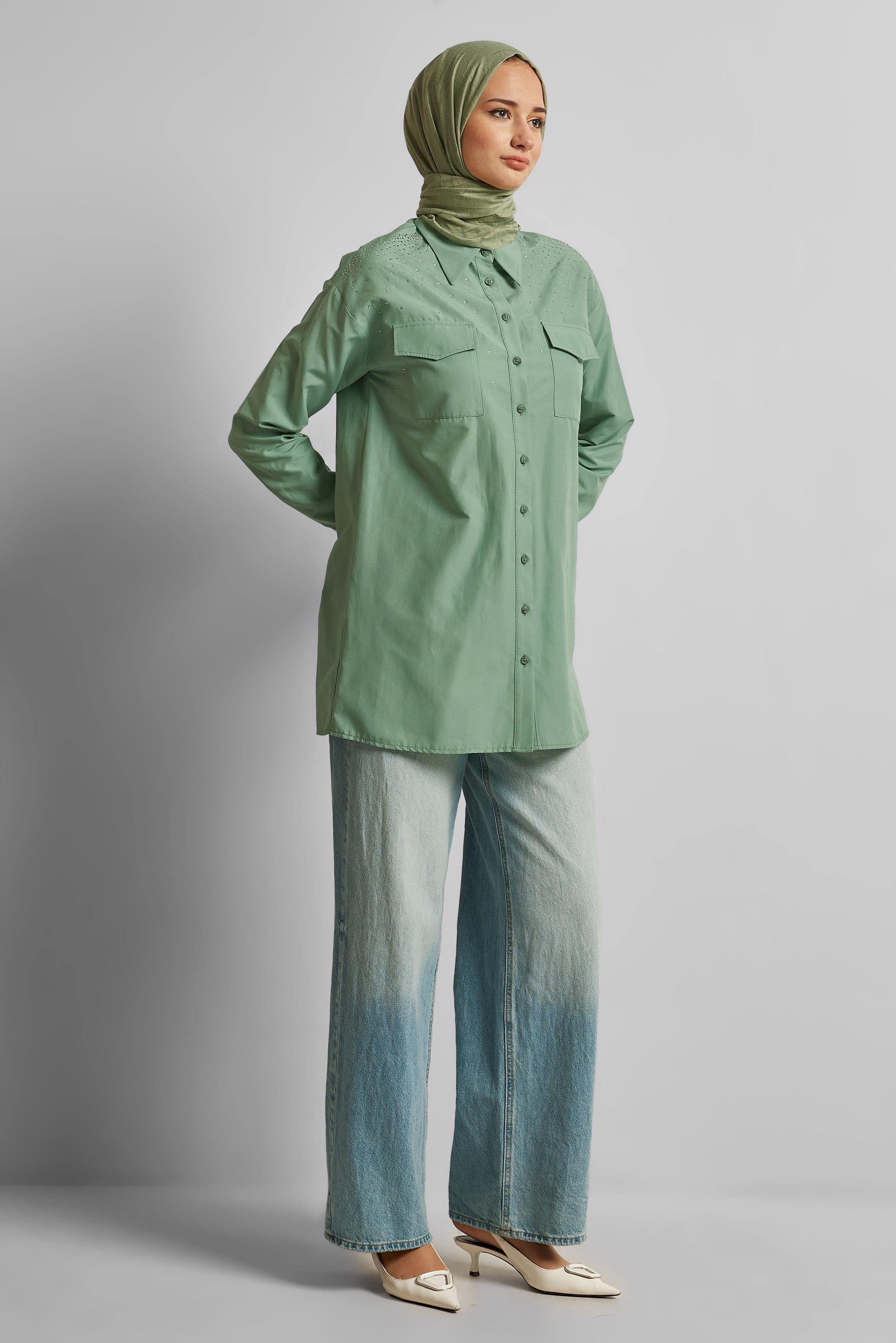 Tesettür giyim MAVİ PAMUKLU TAŞLI TUNİK 45738