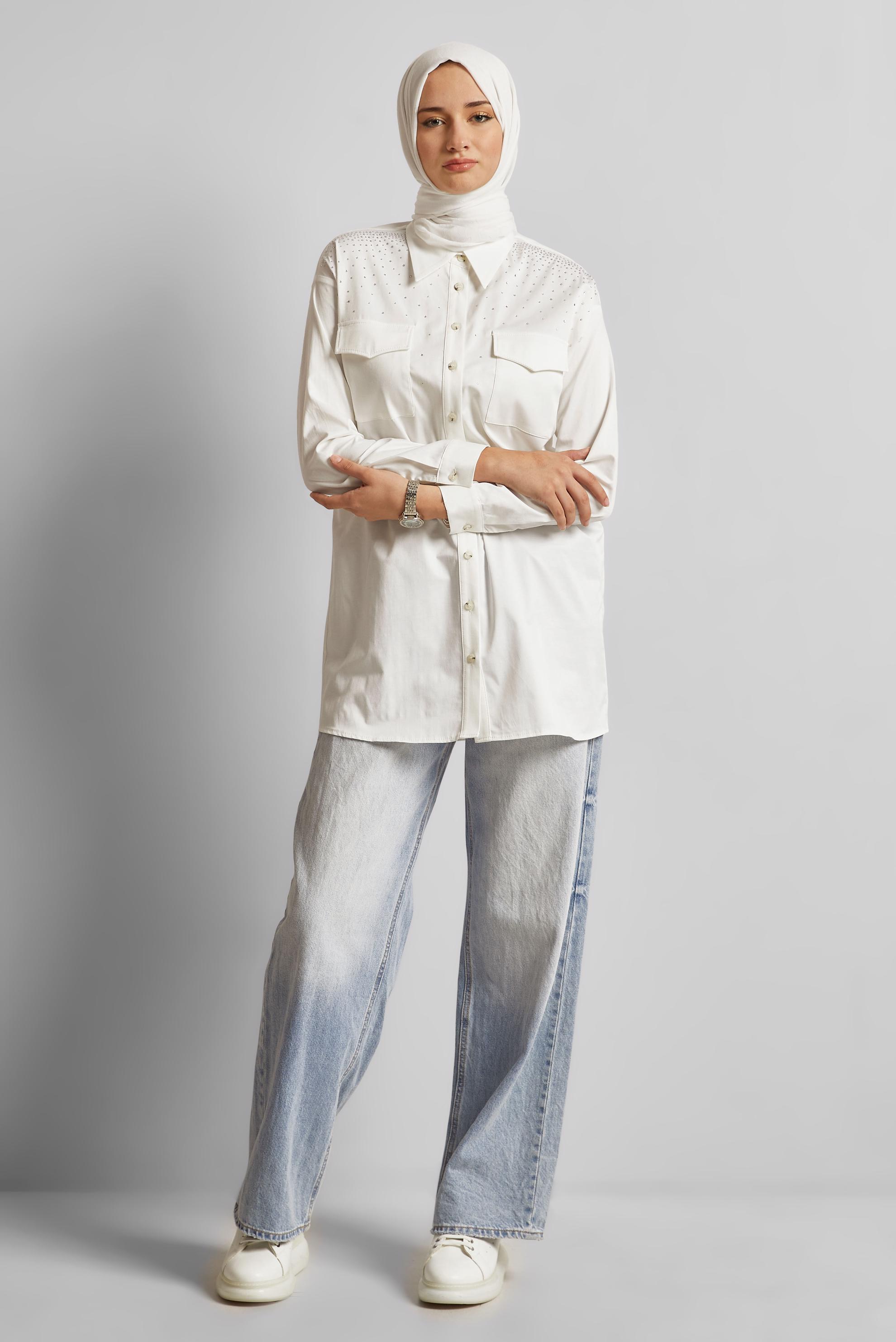Tesettür giyim BEYAZ PAMUKLU TAŞLI TUNİK 45738