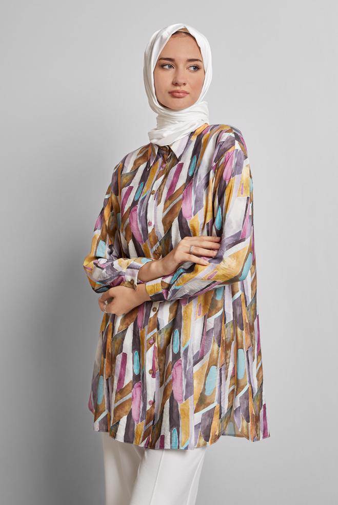 Hijab-Kleidung GELB GEMUSTERTE TUNIKA 45746 - ALVİNA