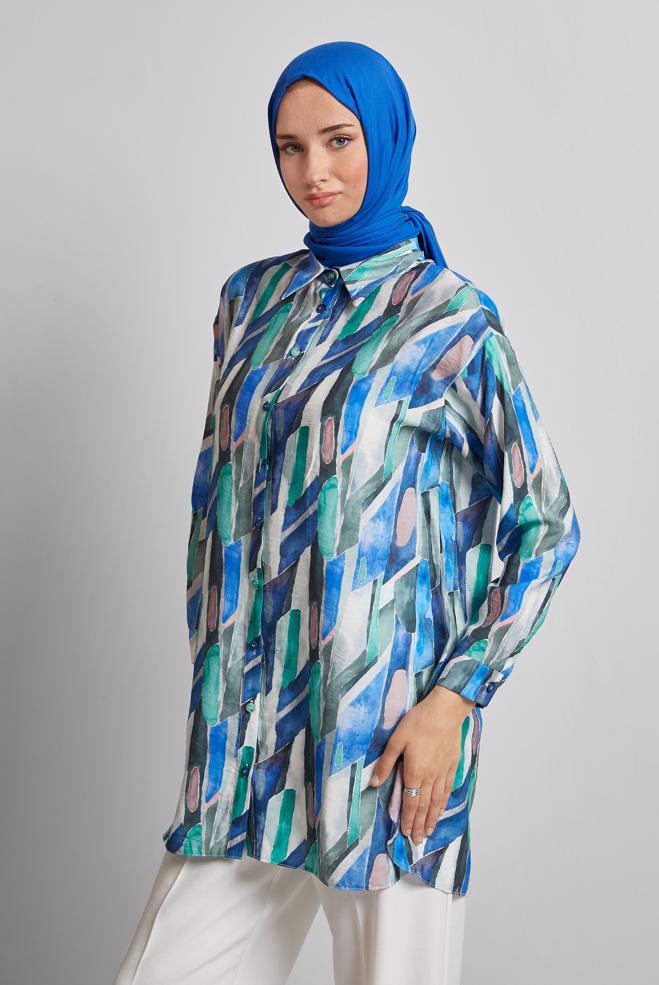 Hijab-Kleidung NAVY BLAU GEMUSTERTE TUNIKA 45746 - ALVİNA