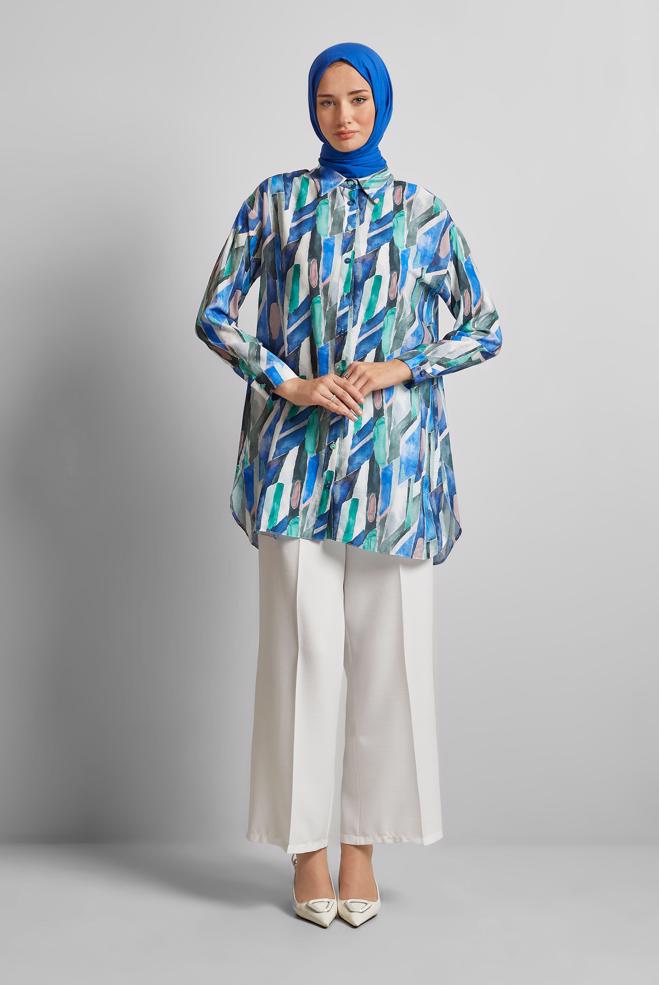 Hijab-Kleidung NAVY BLAU GEMUSTERTE TUNIKA 45746 - ALVİNA