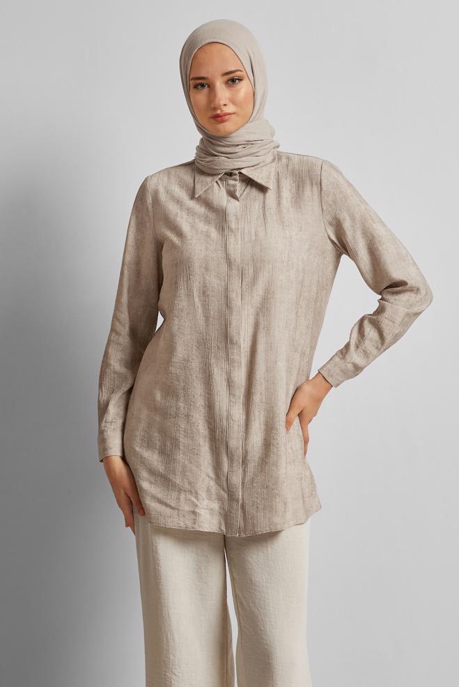 Vêtements hijab BEIGE TUNIQUE COL CHEMISE 45764 - ALVİNA