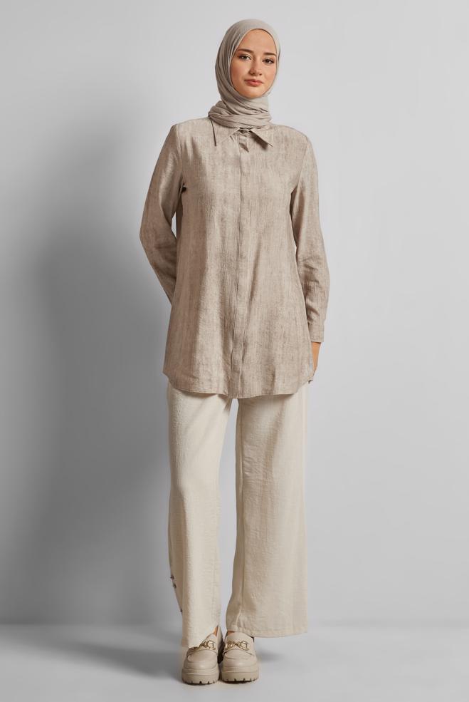 Vêtements hijab BEIGE TUNIQUE COL CHEMISE 45764 - ALVİNA