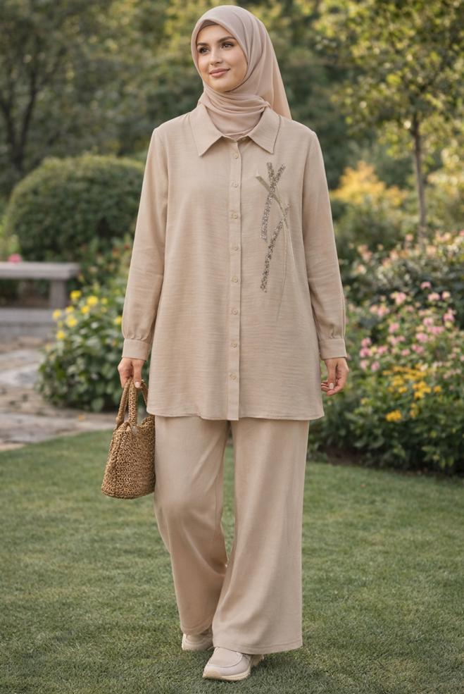 Hijab clothing BEIGE SHIRT COLLAR MUSLIN TUNIC 45770 - ALVİNA