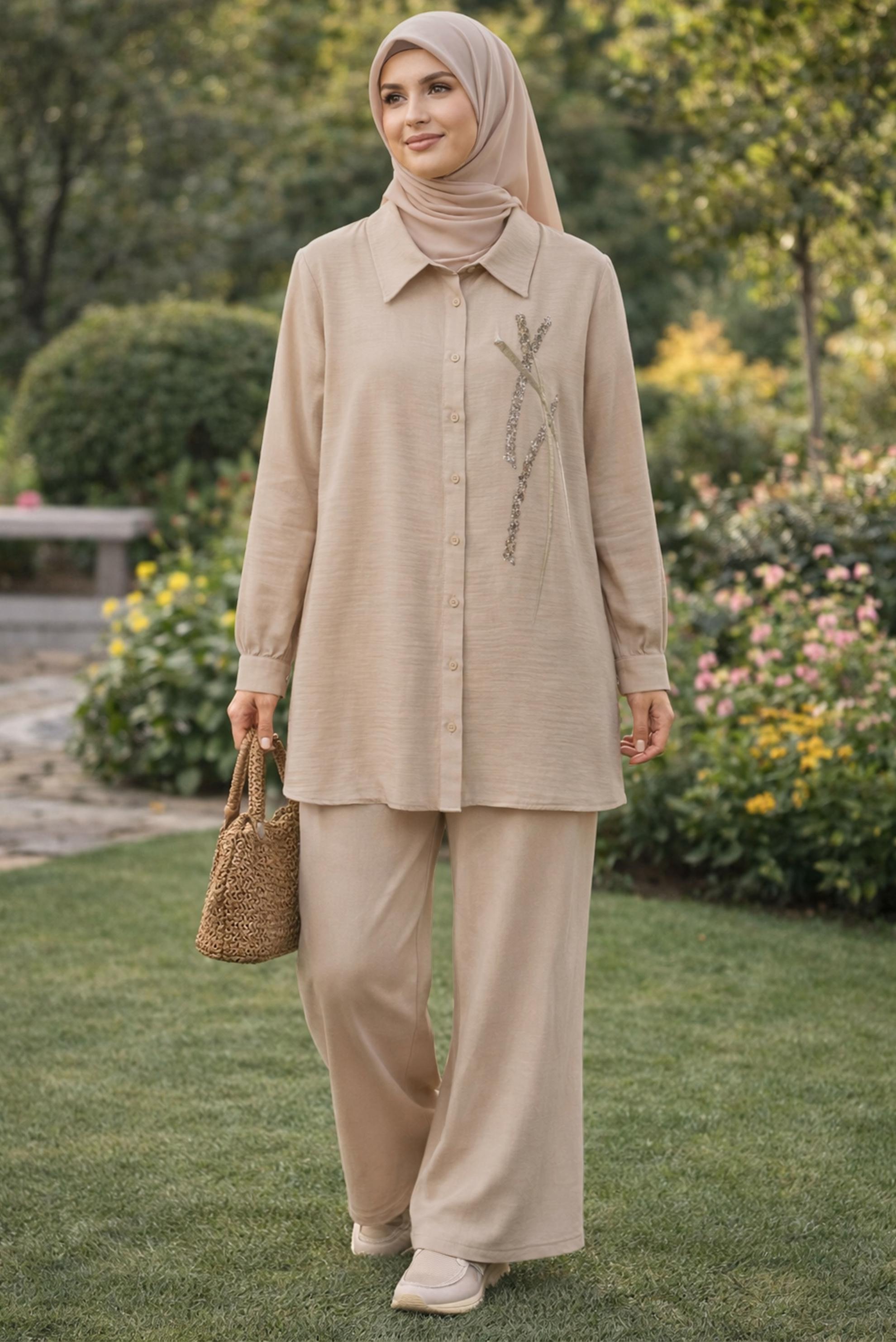 Tesettür giyim BEJ GÖMLEK YAKA MÜSLİN TUNİK 45770