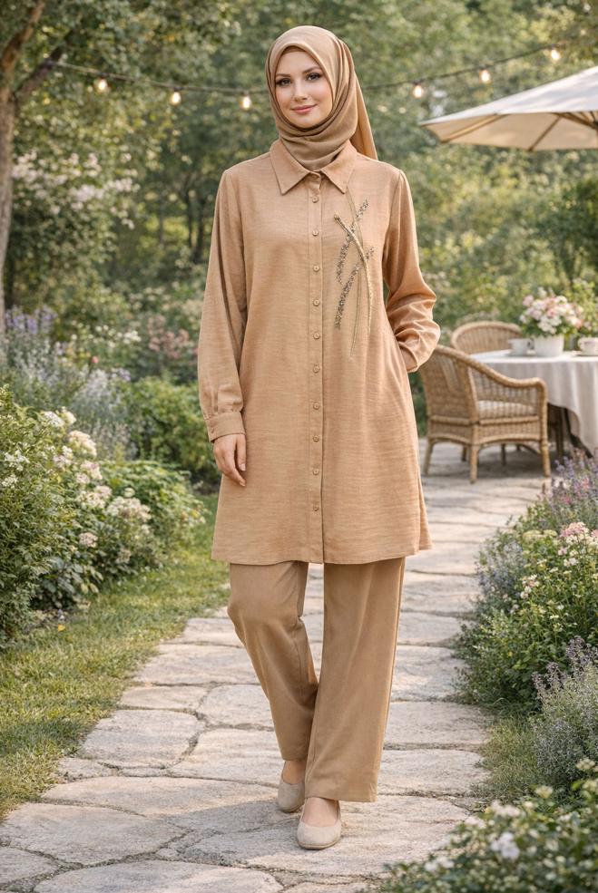 Hijab clothing BROWN SHIRT COLLAR MUSLIN TUNIC 45770 - ALVİNA