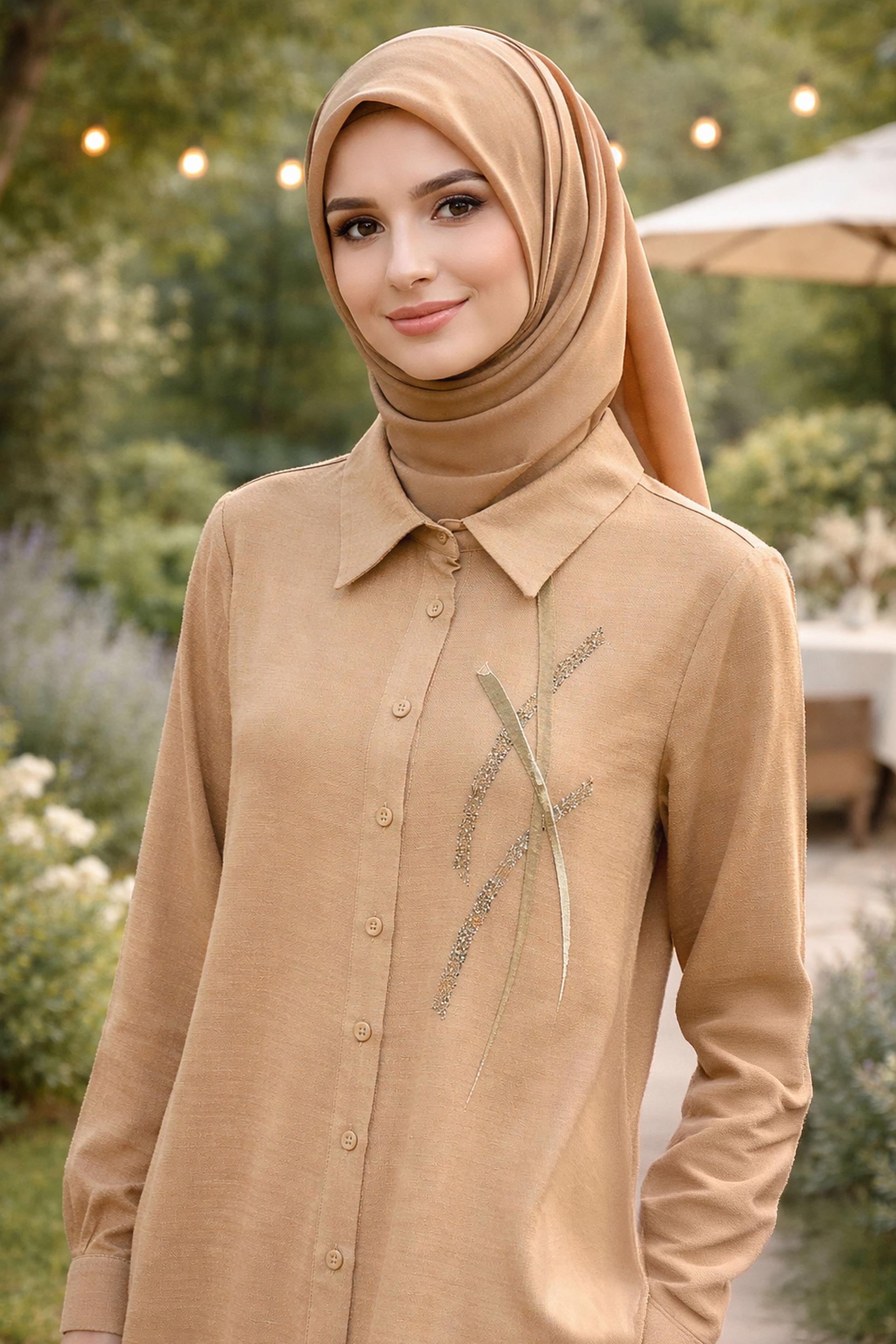 Hijab clothing BROWN SHIRT COLLAR MUSLIN TUNIC 45770