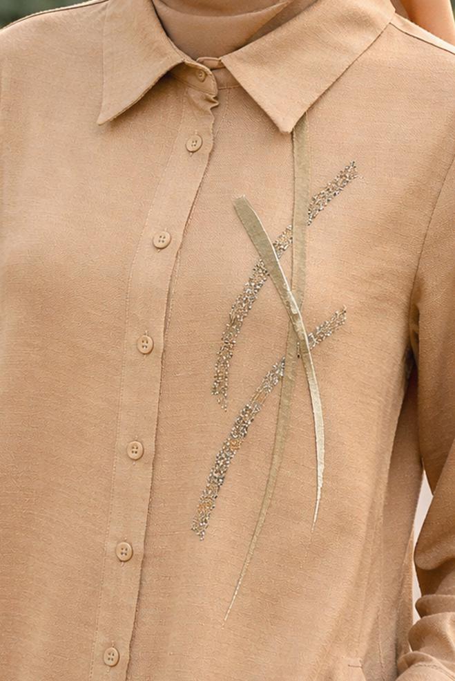 Hijab clothing BROWN SHIRT COLLAR MUSLIN TUNIC 45770 - ALVİNA