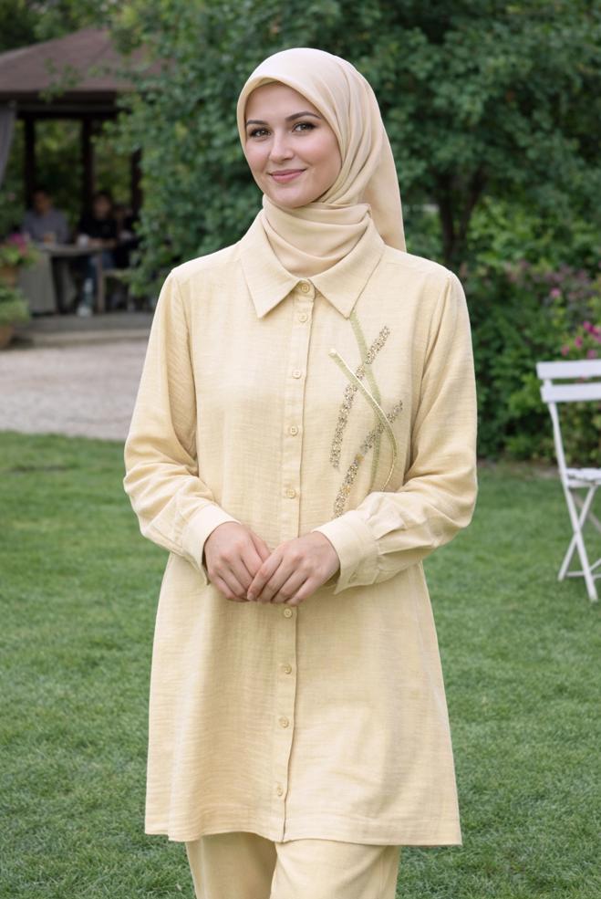 Hijab clothing ECRU SHIRT COLLAR MUSLIN TUNIC 45770 - ALVİNA