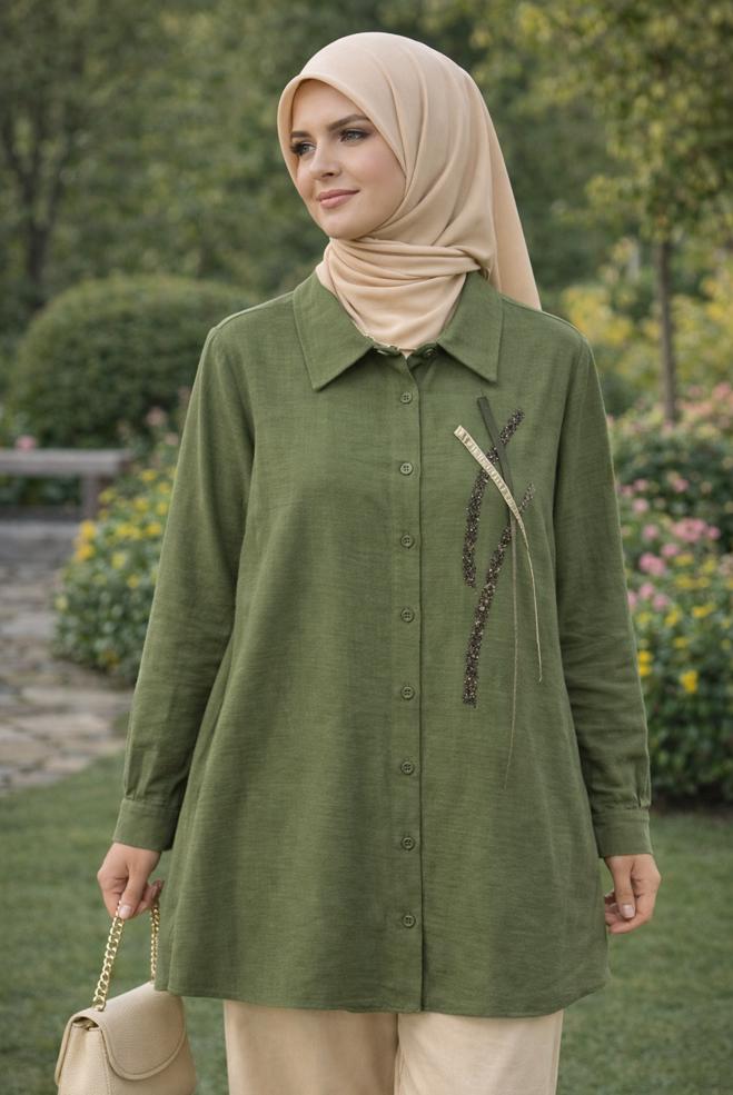 Hijab clothing KHAKI SHIRT COLLAR MUSLIN TUNIC 45770 - ALVİNA