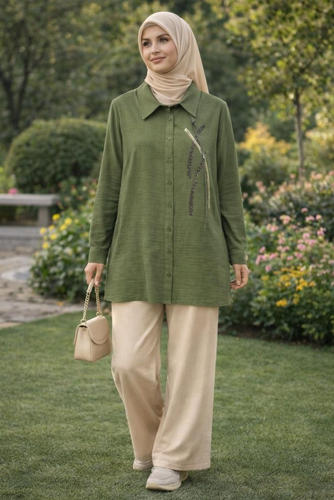 Hijab clothing KHAKI SHIRT COLLAR MUSLIN TUNIC 45770 - ALVİNA