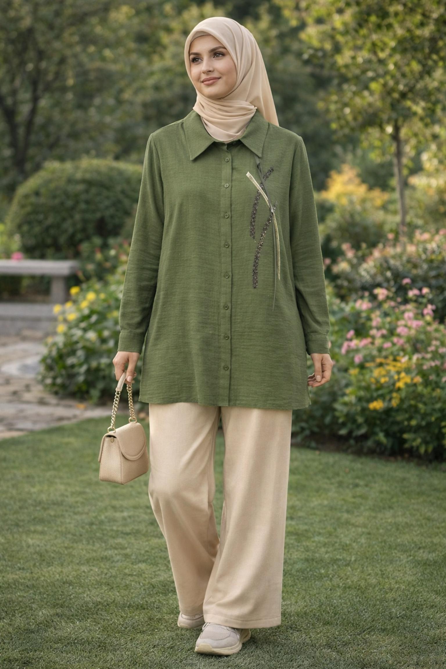 Tesettür giyim HAKİ GÖMLEK YAKA MÜSLİN TUNİK 45770