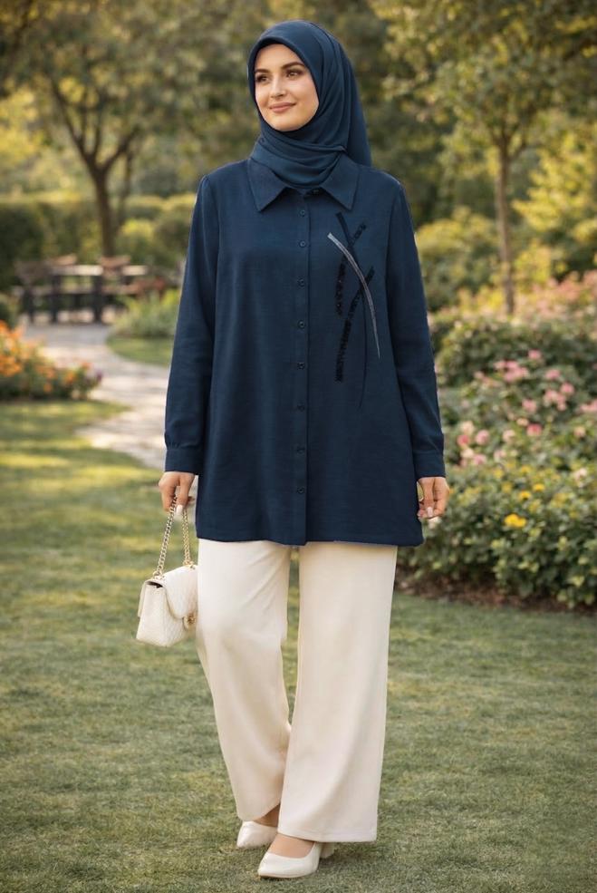 Hijab clothing NAVY BLUE SHIRT COLLAR MUSLIN TUNIC 45770 - ALVİNA