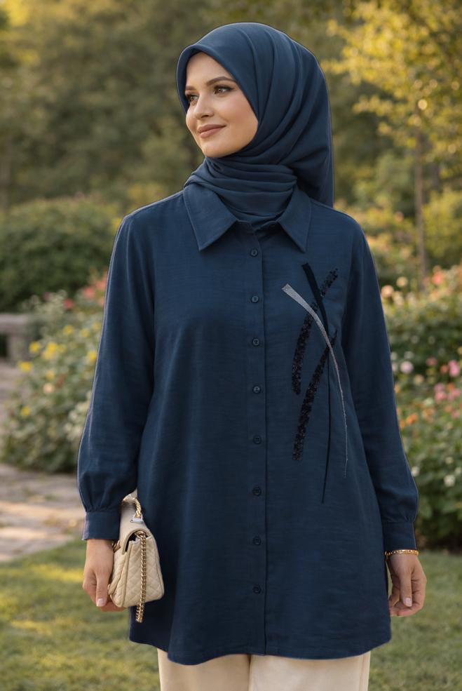 Hijab clothing NAVY BLUE SHIRT COLLAR MUSLIN TUNIC 45770 - ALVİNA
