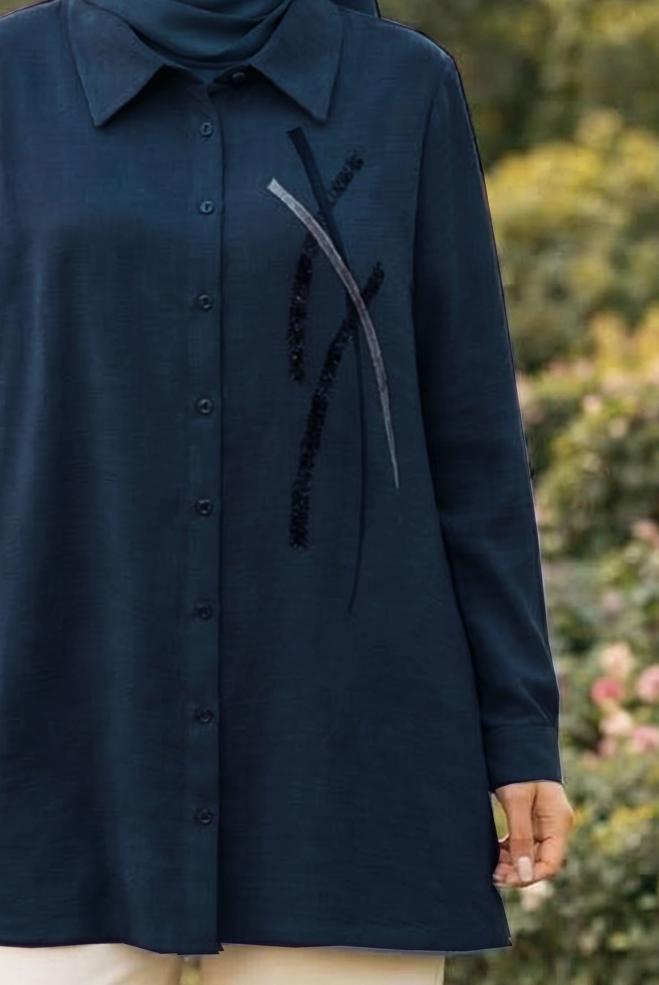 Hijab clothing NAVY BLUE SHIRT COLLAR MUSLIN TUNIC 45770 - ALVİNA
