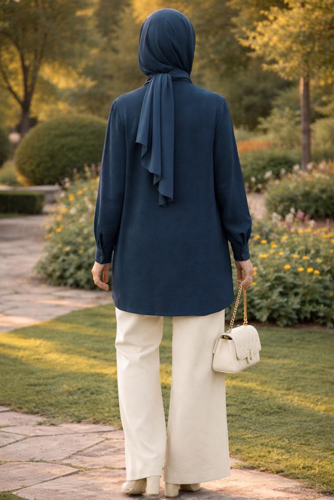 Hijab clothing NAVY BLUE SHIRT COLLAR MUSLIN TUNIC 45770 - ALVİNA