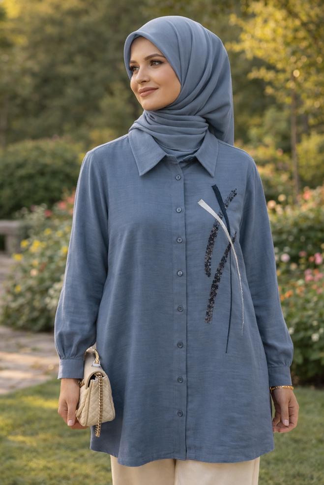 Hijab clothing NAVY BLUE SHIRT COLLAR MUSLIN TUNIC 45770 - ALVİNA