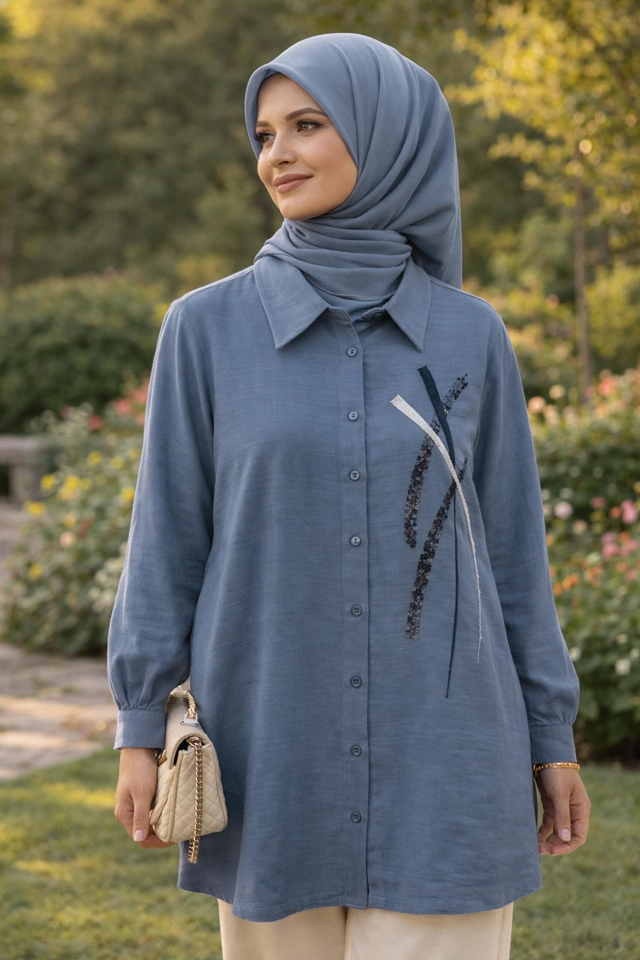 Hijab clothing NAVY BLUE SHIRT COLLAR MUSLIN TUNIC 45770