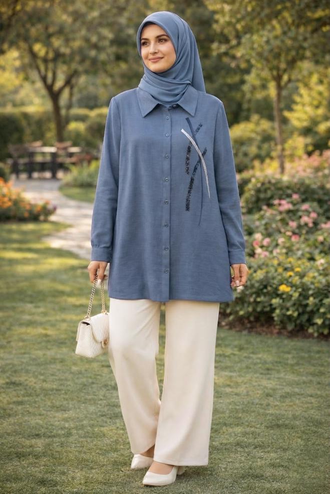 Hijab clothing NAVY BLUE SHIRT COLLAR MUSLIN TUNIC 45770 - ALVİNA