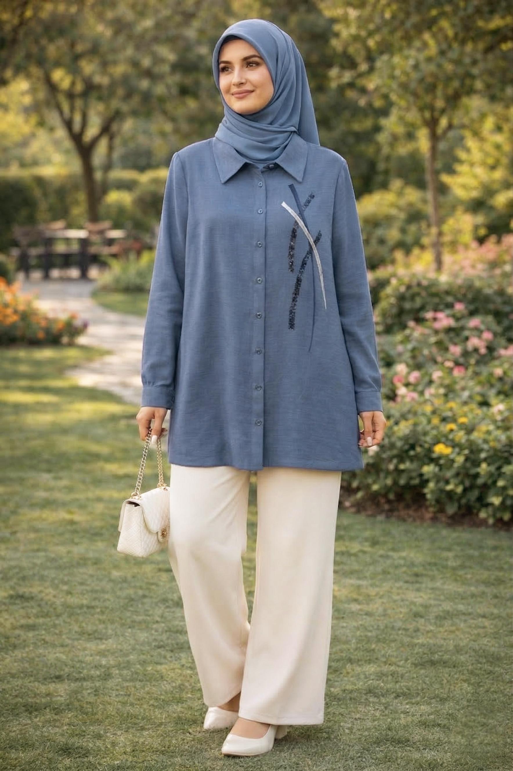 Hijab clothing NAVY BLUE SHIRT COLLAR MUSLIN TUNIC 45770