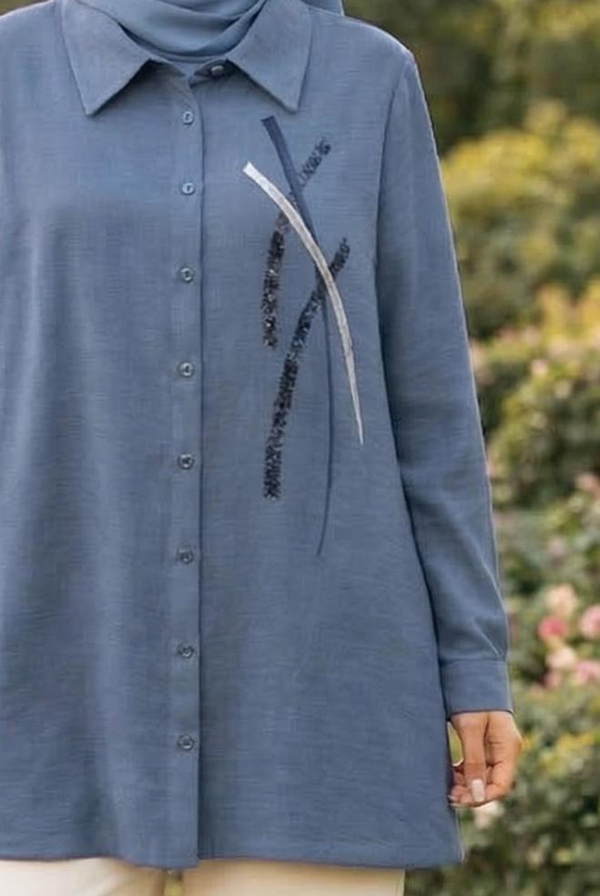 Hijab clothing NAVY BLUE SHIRT COLLAR MUSLIN TUNIC 45770 - ALVİNA