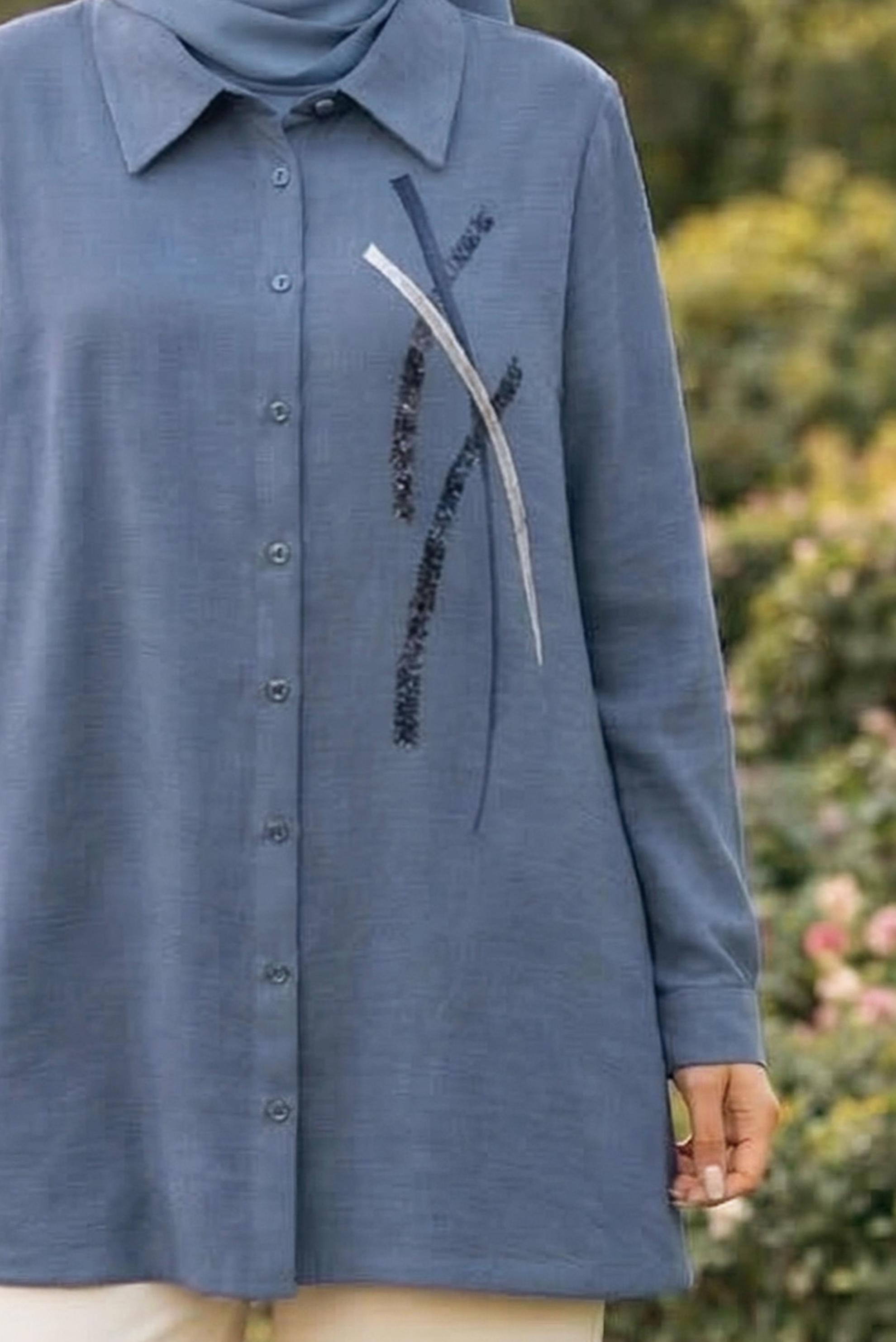 Hijab clothing NAVY BLUE SHIRT COLLAR MUSLIN TUNIC 45770