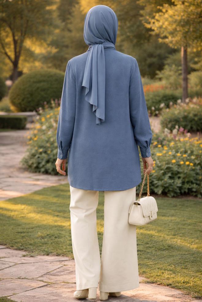 Hijab clothing NAVY BLUE SHIRT COLLAR MUSLIN TUNIC 45770 - ALVİNA