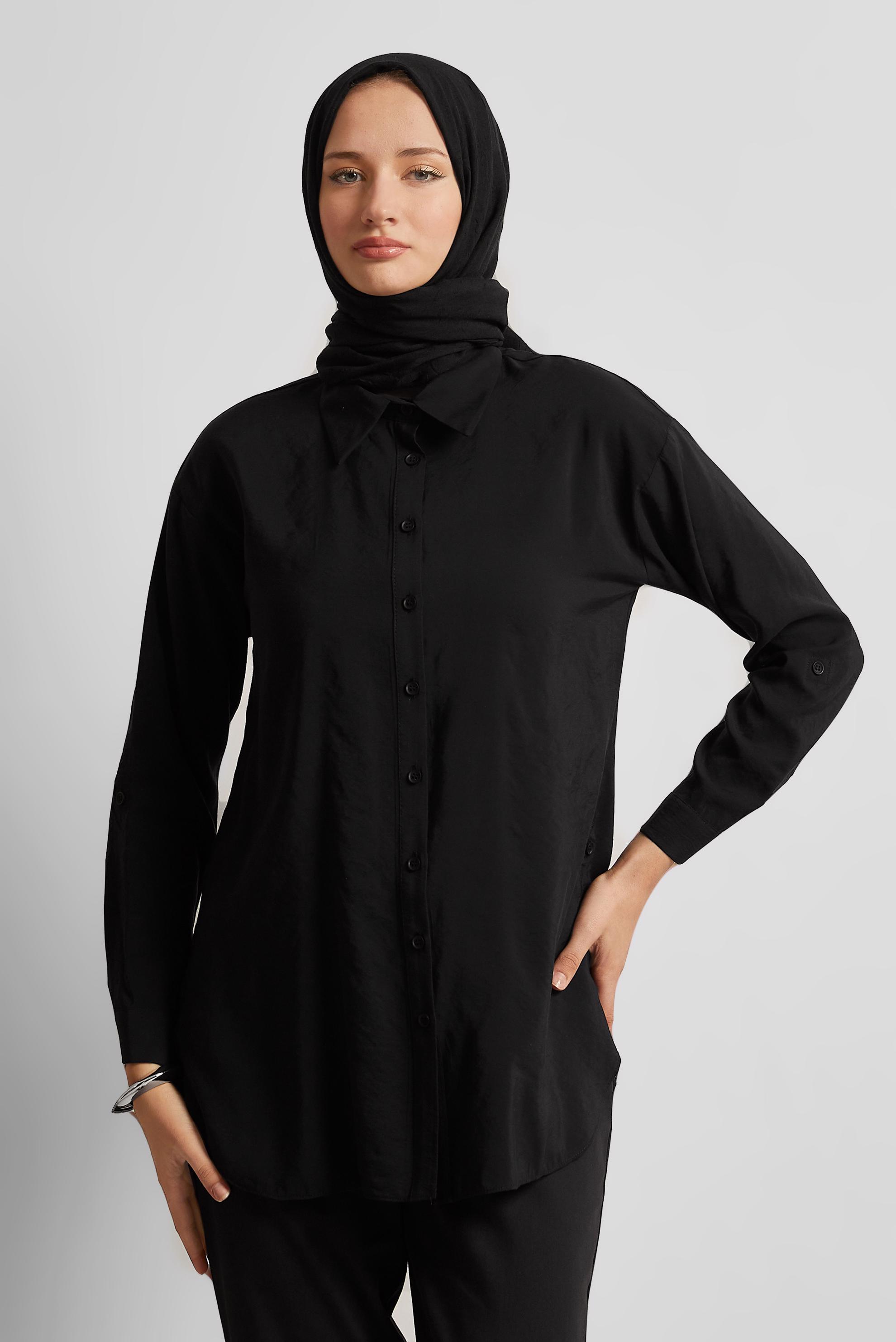 Tesettür giyim SİYAH GÖMLEK YAKA TUNİK 45771
