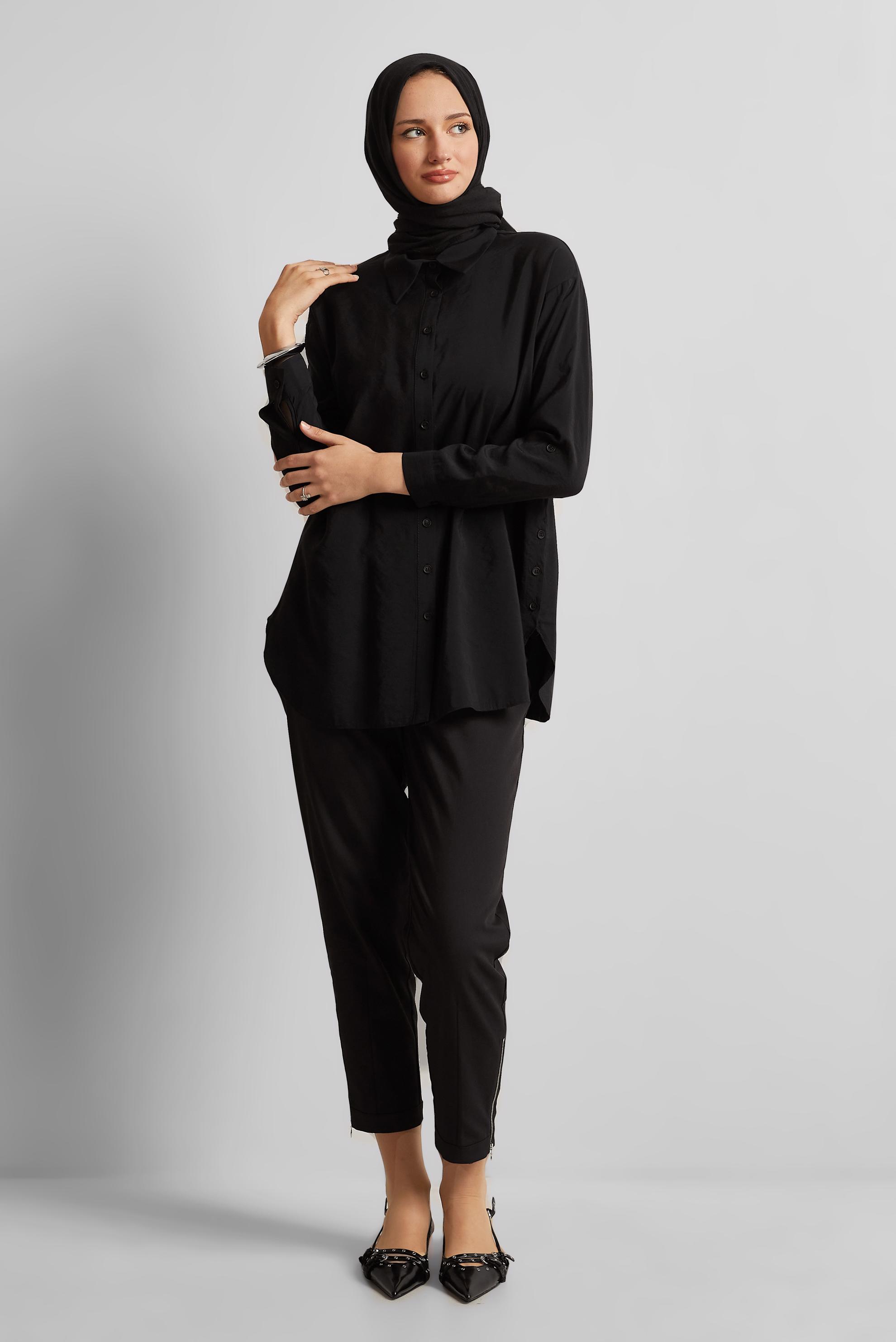Tesettür giyim SİYAH GÖMLEK YAKA TUNİK 45771