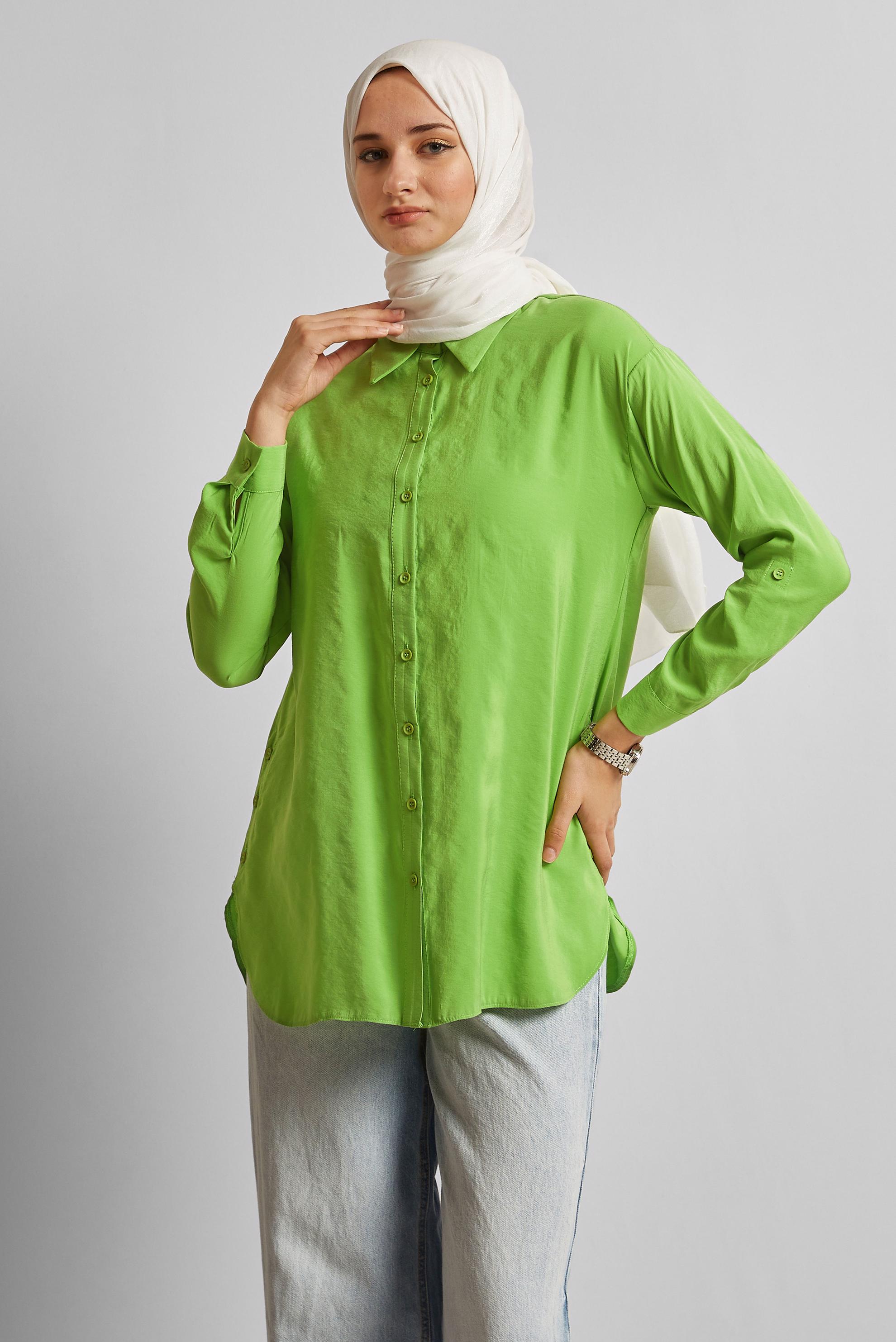 Tesettür giyim YEŞİL GÖMLEK YAKA TUNİK 45771
