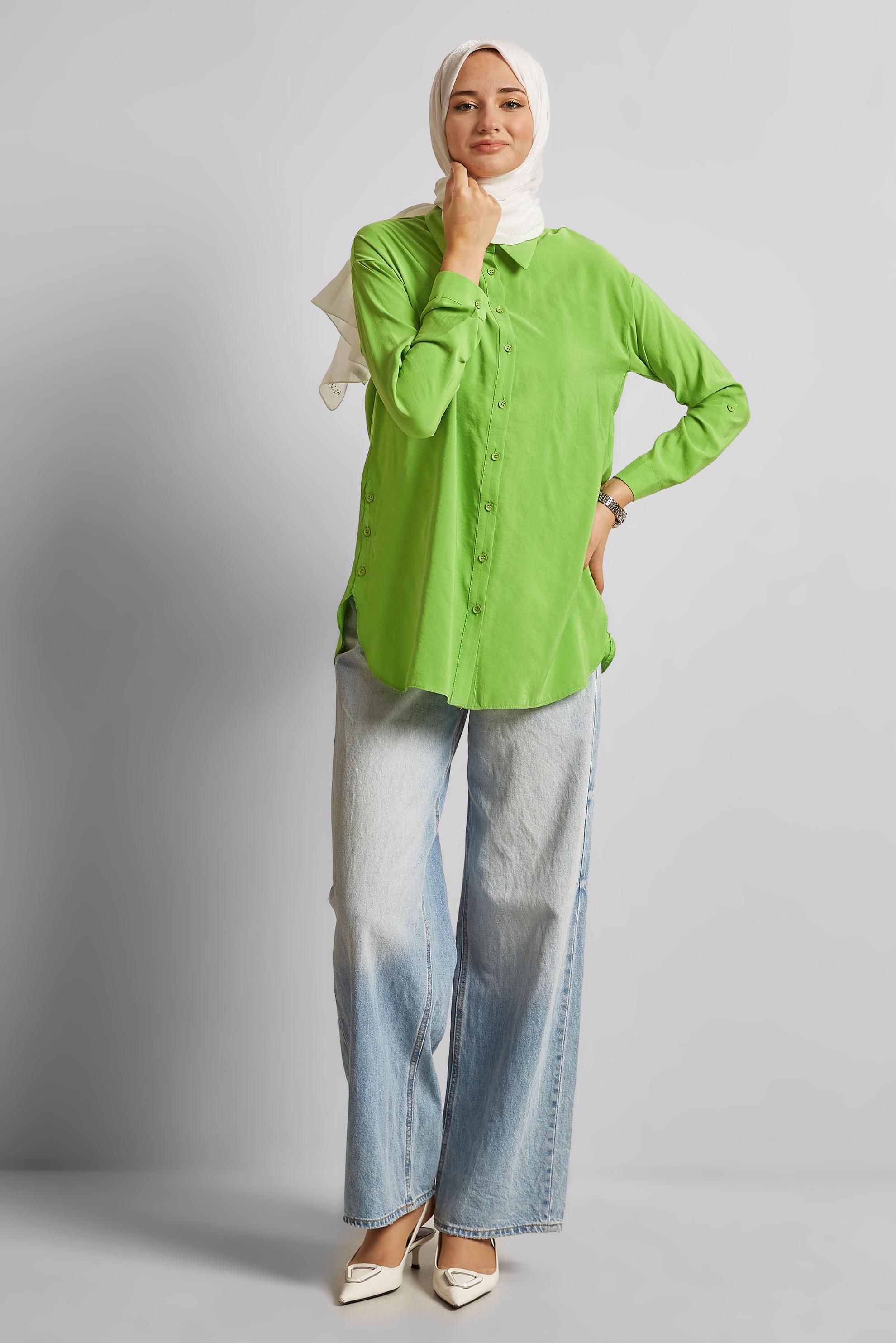 Tesettür giyim YEŞİL GÖMLEK YAKA TUNİK 45771