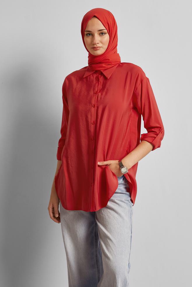 Vêtements hijab ROUGE TUNIQUE COL CHEMISE 45771 - ALVİNA