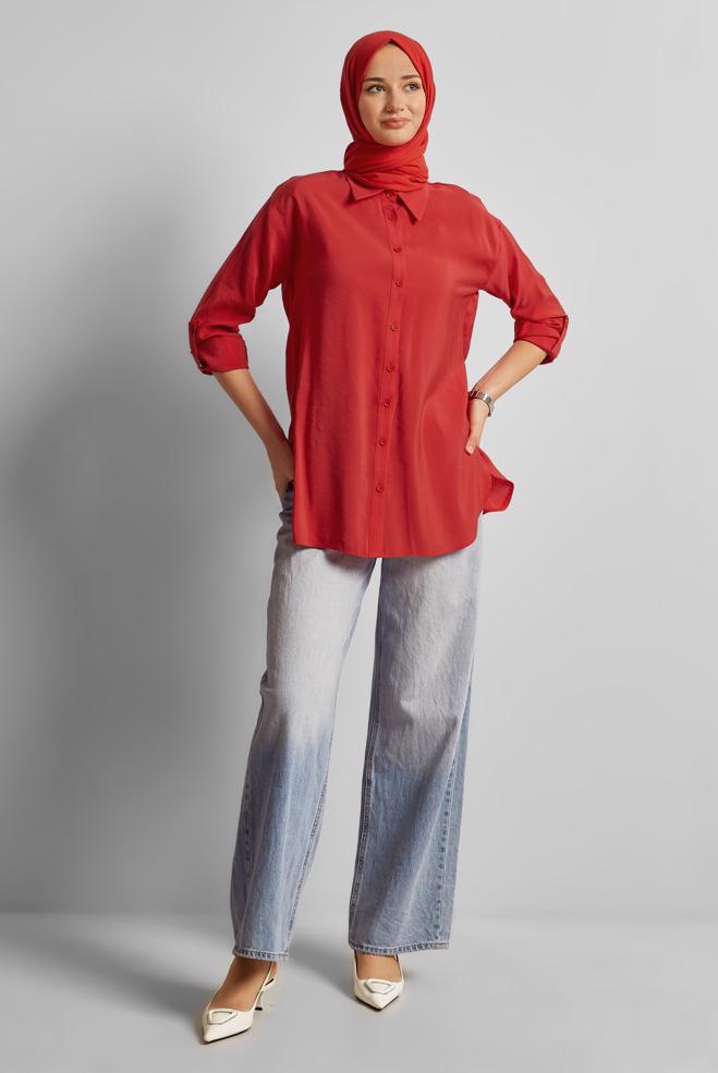 Vêtements hijab ROUGE TUNIQUE COL CHEMISE 45771 - ALVİNA