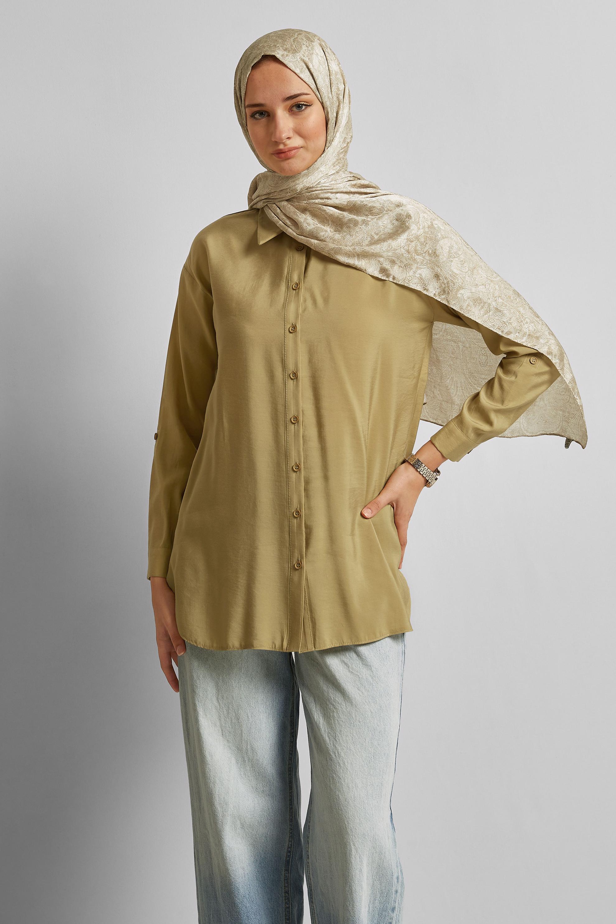 Tesettür giyim KAHVE GÖMLEK YAKA TUNİK 45771