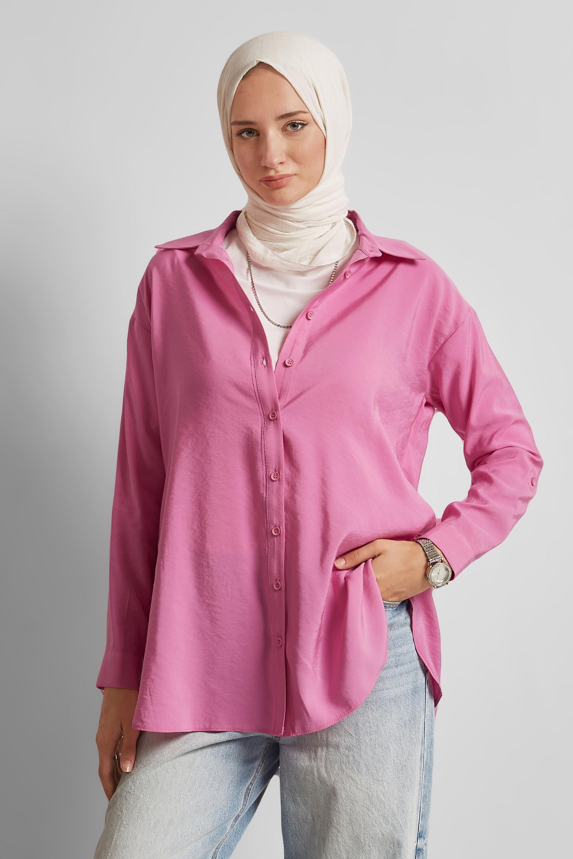 Tesettür giyim PEMBE GÖMLEK YAKA TUNİK 45771