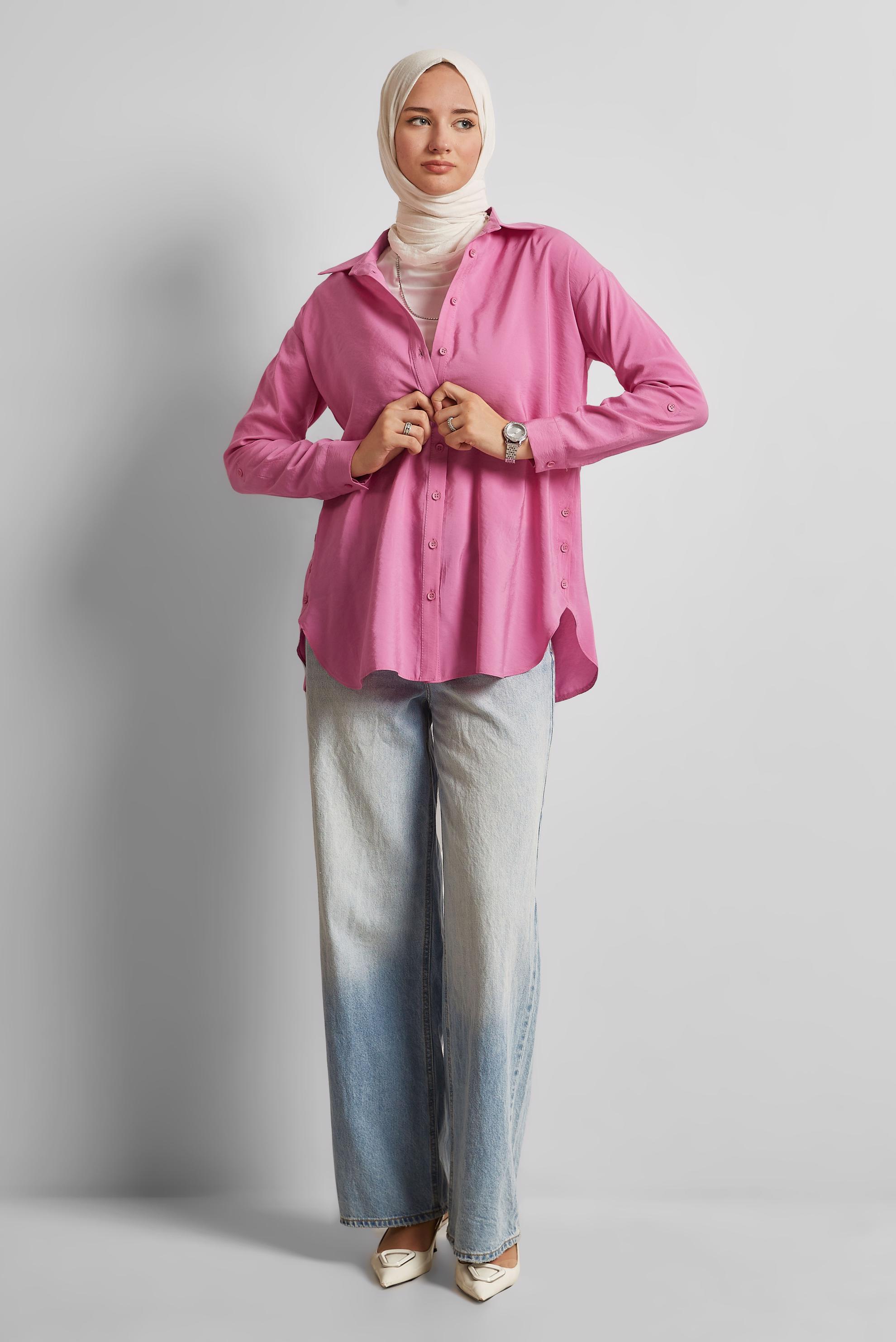 Tesettür giyim PEMBE GÖMLEK YAKA TUNİK 45771