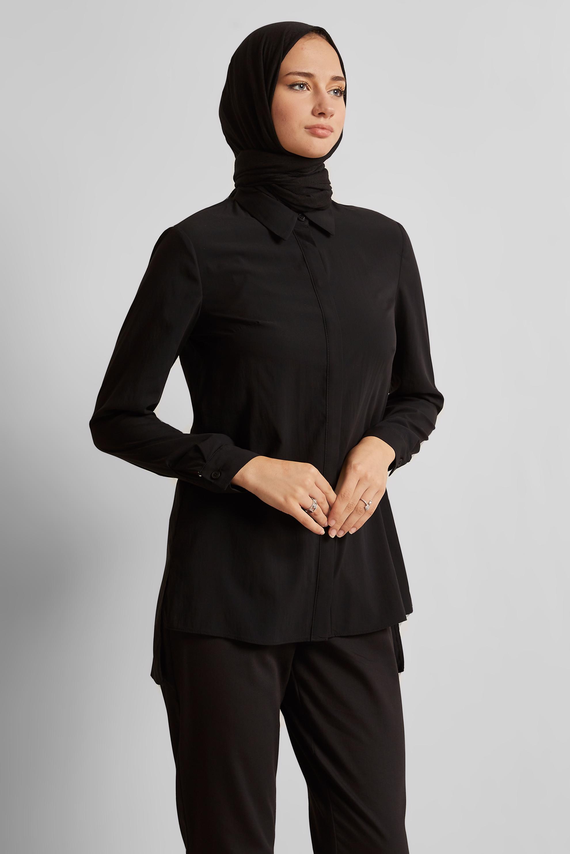 Vêtements hijab NOIR TUNIQUE COL CHEMISE 45774