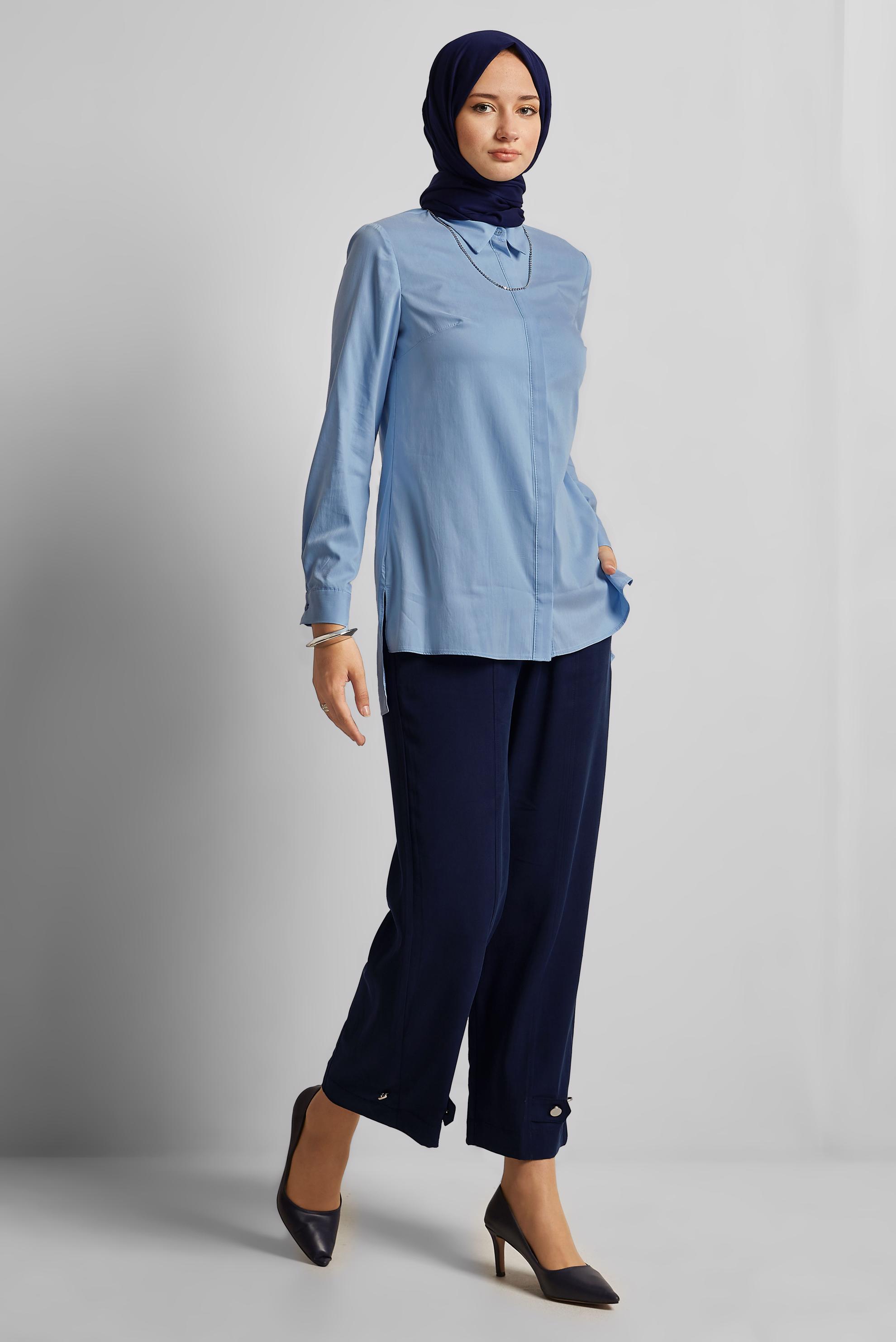 Tesettür giyim MAVİ GÖMLEK YAKA TUNİK 45774